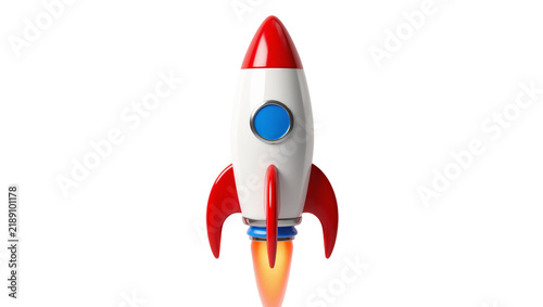 Foto Retro toy rocket ship with red fins and blue window emitting orange flames, isol