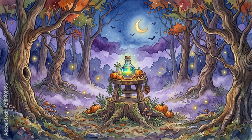 Watercolor illustration of a magical forest scene with a glowing potion bottle on a wooden stump table surrounded by pumpkins and autumn trees