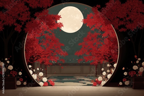 Circular archway reveals moonlit, red-leaf garden