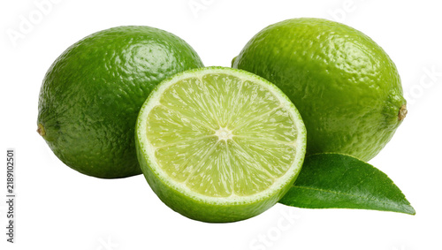 Whole and halved bright green limes with visible juicy pulp, isolated on transparent background