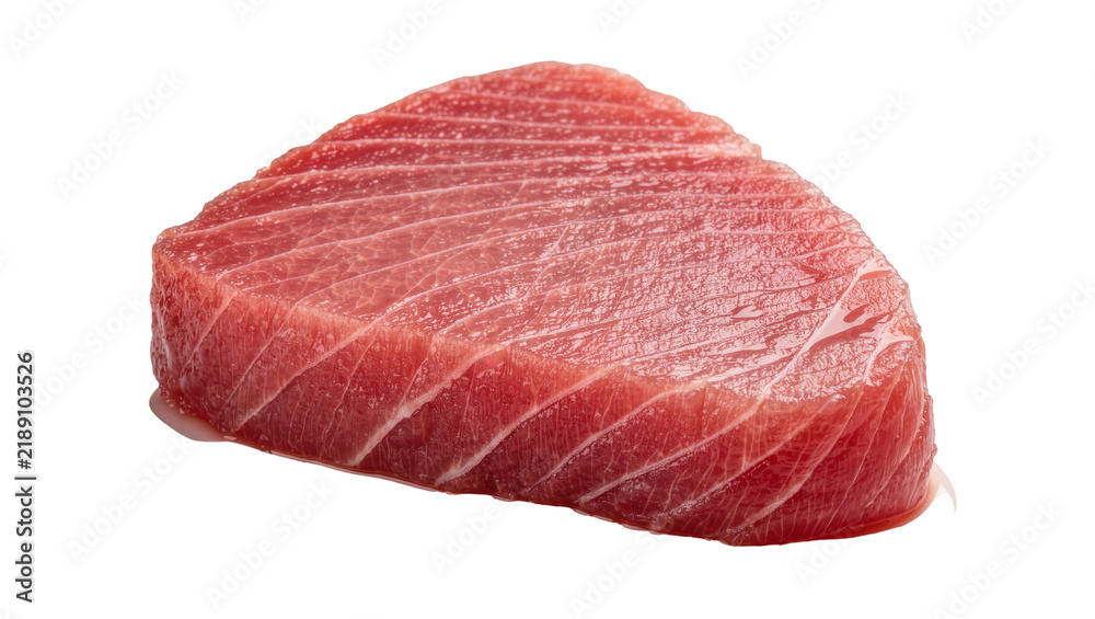 Obraz premium Raw red tuna steak with visible muscle fibers, isolated on transparent background