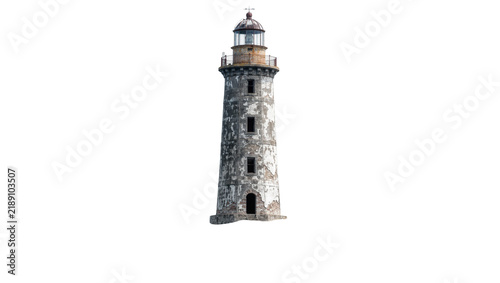 Weathered stone lighthouse with glass lantern room, isolated on transparent background