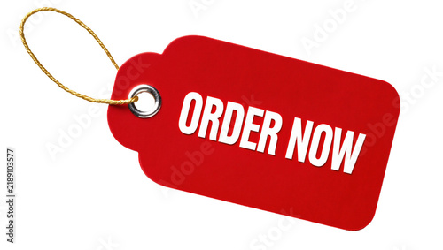 Red tag with white text ORDER NOW and golden string, isolated on transparent background