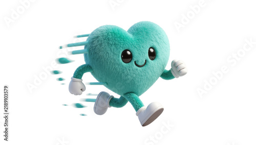 Fluffy teal heart character running with motion blur, isolated on transparent background