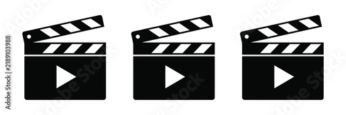 Clapperboard icon set featuring film production, video, and play button symbols for movie editing, cinema, and multimedia design projects. 