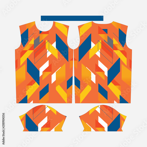 Orange and Blue Abstract Geometric Sports Jersey Vector Design Apparel Template Mockup Flat Lay Set with Sleeves and Collar Pattern Cut Out for Custom Sublimation Printing