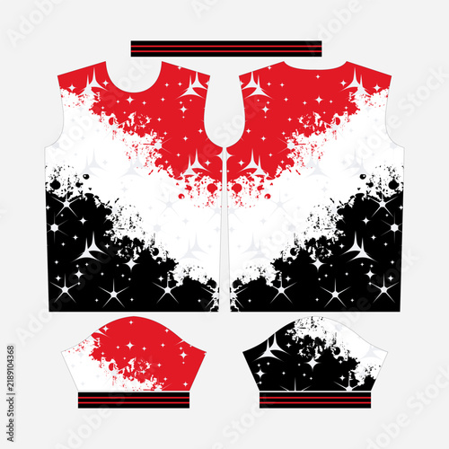 Red White Black Paint Splash Star Sparkle Sports Jersey Vector Design Apparel Template Mockup Flat Lay Set with Sleeves and Collar Pattern Cut Out for Custom Sublimation Printing