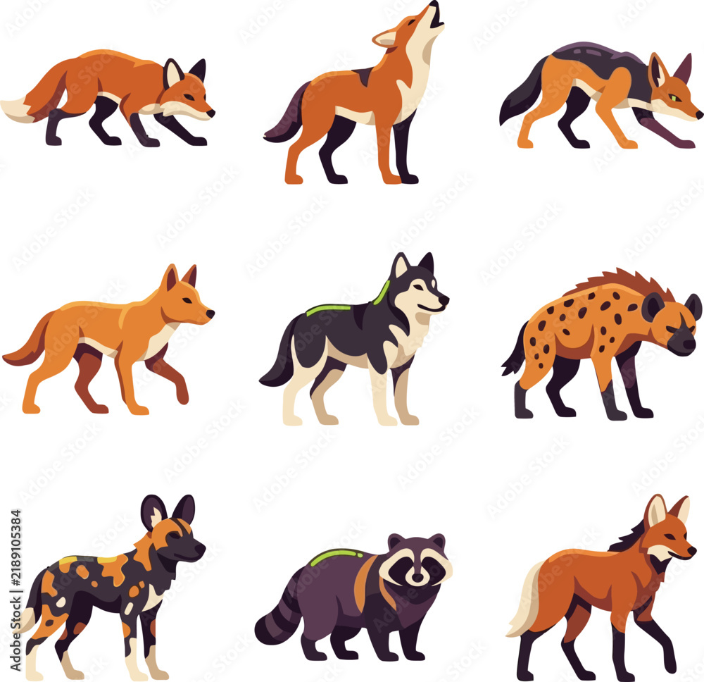 Obraz premium This illustration features a diverse array of canid and other wild animal species, including foxes, wolves, coyotes, hyenas, raccoons, and dingoes, each rendered with distinctive markings.
