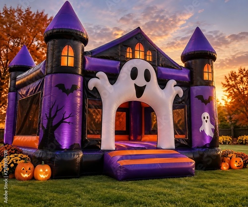 Halloween Inflatable Haunted Castle with Ghost, Bats and Pumpkins at Sunset