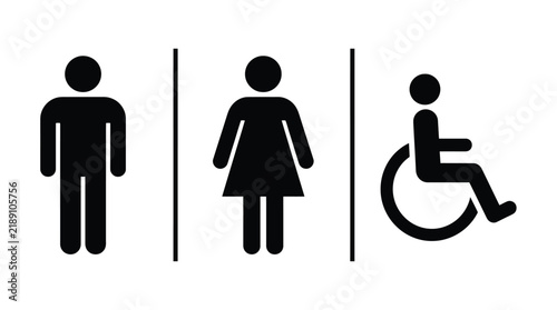 Public restroom and accessible toilet illustration. Male, female and wheelchair restroom icon collection for wayfinding, public buildings, hygiene and inclusive facility signage.