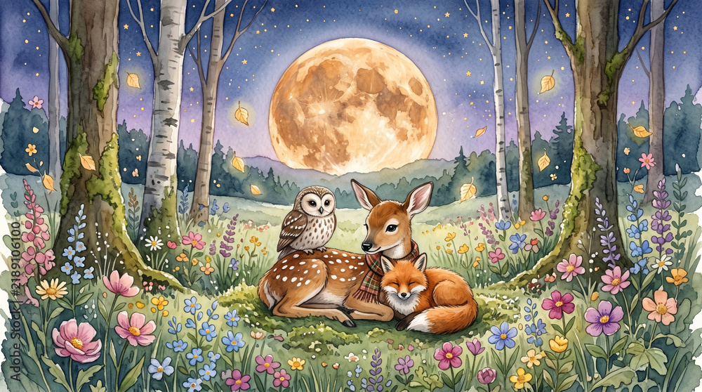 Obraz premium Enchanting watercolor forest scene with a deer, owl, and fox resting among wildflowers under a big full moon and starry night sky