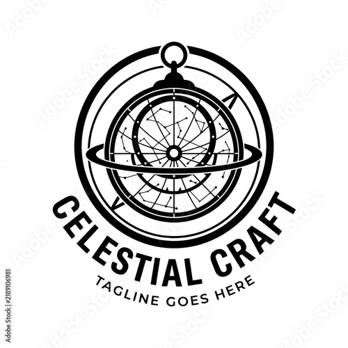 Foto Detailed vintage celestial craft astrolabe logo with globe sphere