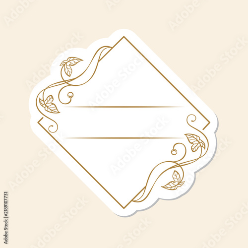 Vintage diamond label sticker - elegant rhombus frame with botanical leaves and swirls in gold, decorative product tag with text lines. Vector design for packaging and gifts