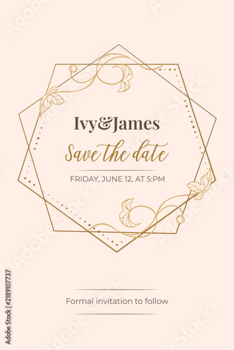 Save the date card with hexagonal geometric gold frame and botanical leaves, elegant minimalist design, romantic beige template for wedding pre-invitation announcement