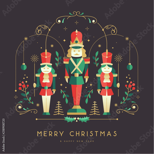 Modern Christmas poster, banner or  holiday greeting card with nutcrackers, floral elements, arch, Christmas tree and baubles. Flat design. Vector illustration