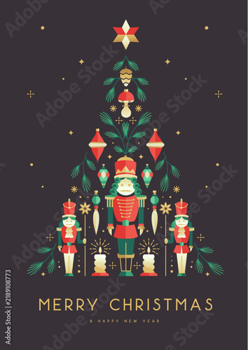 Modern Christmas poster, banner or  holiday greeting card with nutcrackers, candles, Christmas tree and baubles. Flat design. Vector illustration