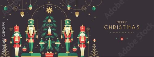 Modern Christmas poster, banner or holiday greeting card with nutcrackers,  Christmas tree and baubles. Flat design. Vector illustration