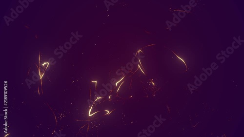Golden Light Sparks Floating in Dark Purple Background, Abstract Cinematic Particle Energy Animation