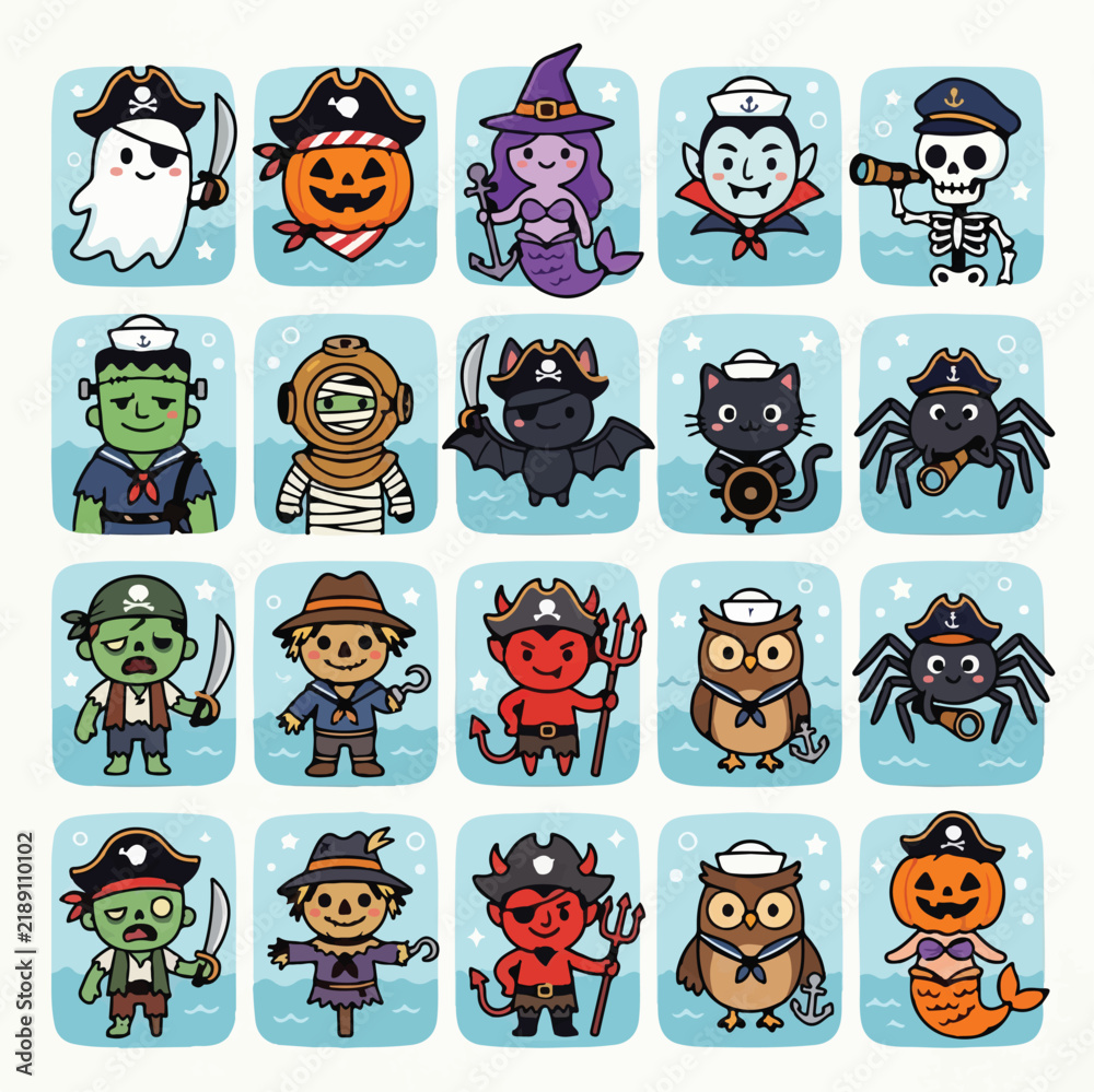 Fototapeta premium Kawaii Halloween pirate icons, 20 nautical monster avatars in vector format, cute spooky character stickers for children party decor isolated on White Background Halloween ,Editable Eps
