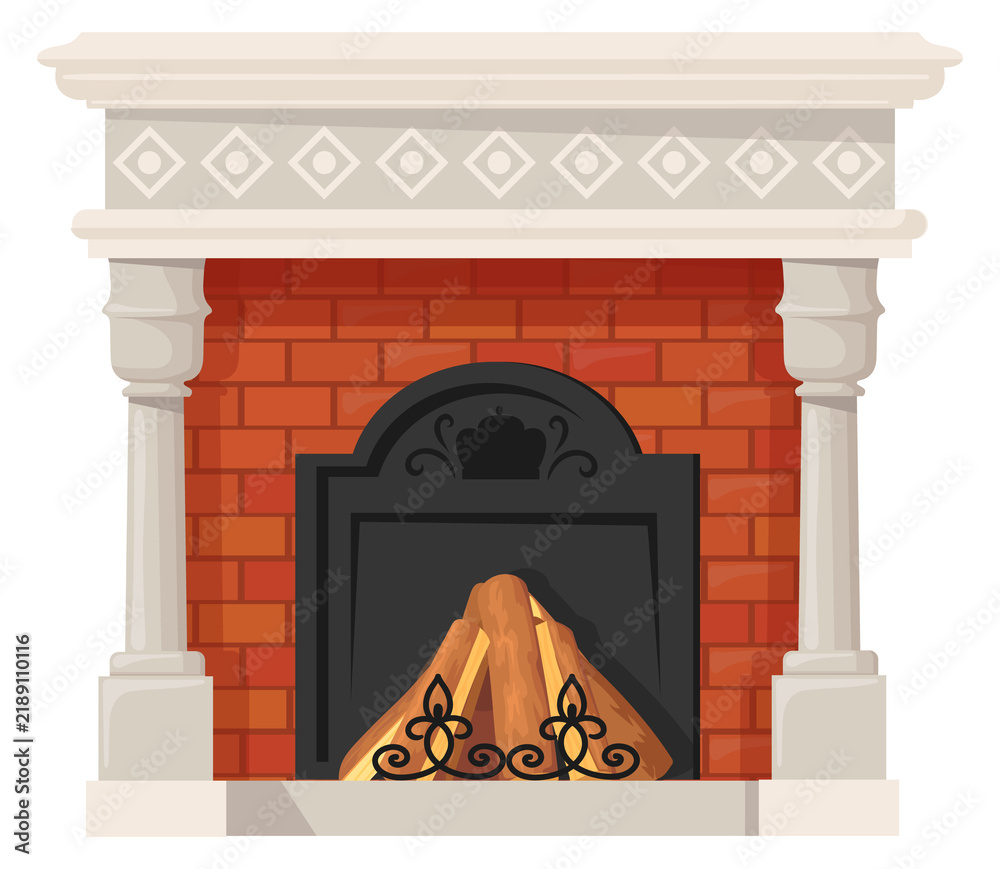 Obraz premium Stone fireplace. Cartoon interior heat stove icon