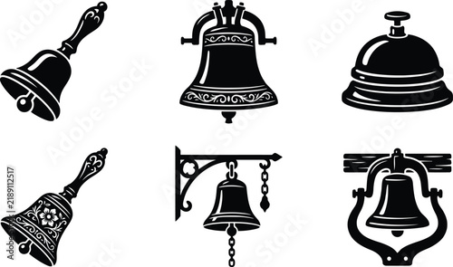 Fotografía Various antique and ornate handbells and large bells in silhouette against a whi