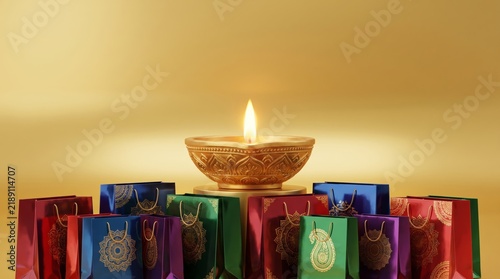 Traditional burning diya oil lamp surrounded by colorful patterned shopping bags against a golden background, concept of Diwali festival sale, holiday retail, and auspicious gift buying