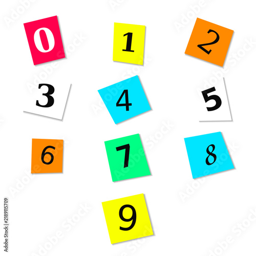 Vibrant square paper cutouts with numbers zero to nine in bold black font on isolated white backdrop