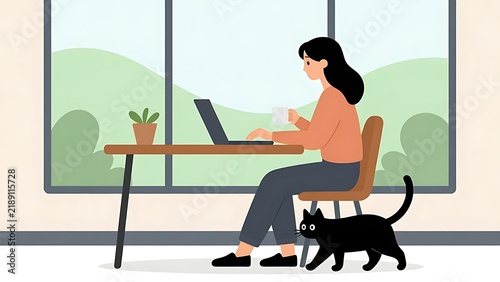 Flat vector illustration of a young woman working remotely on a laptop at her desk with a cute black cat walking nearby by the window