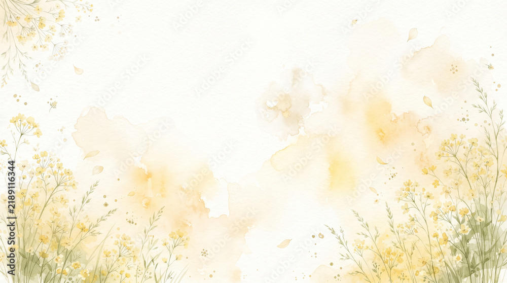 Obraz premium Beautiful watercolor background with delicate yellow wildflowers and soft artistic paint splashes for spring or summer seasonal designs