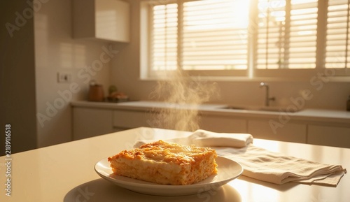 Freshly Baked Hot Lasagna Cake on Plate in Bright Sunny Kitchen
