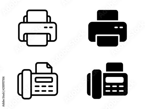 Set of printer and fax machine icons in linear and solid styles