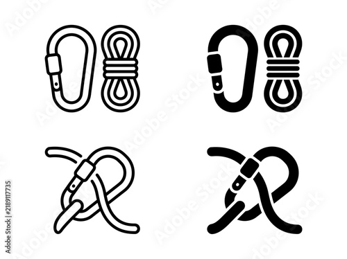 Climbing equipment icon set featuring carabiners and ropes in line and solid