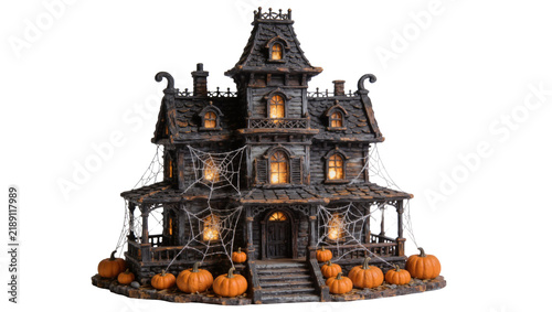 Fotografie Spooky Victorian haunted house with cobwebs and pumpkins, isolated on transparen