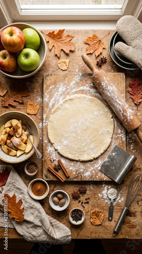 Flat lay of autumn baking ingredients with rolling pin apples dough and spices on wooden table