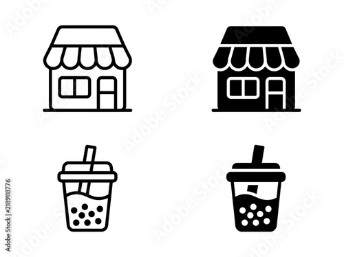 Collection of store building and bubble tea cup icons in flat design