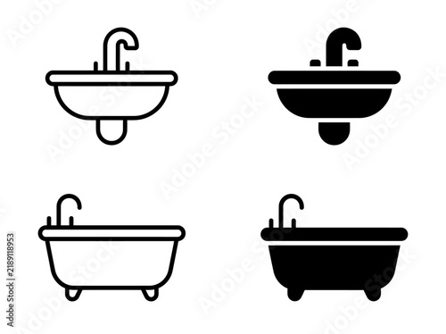 Bathroom washbasin and bathtub icons set in linear and solid styles