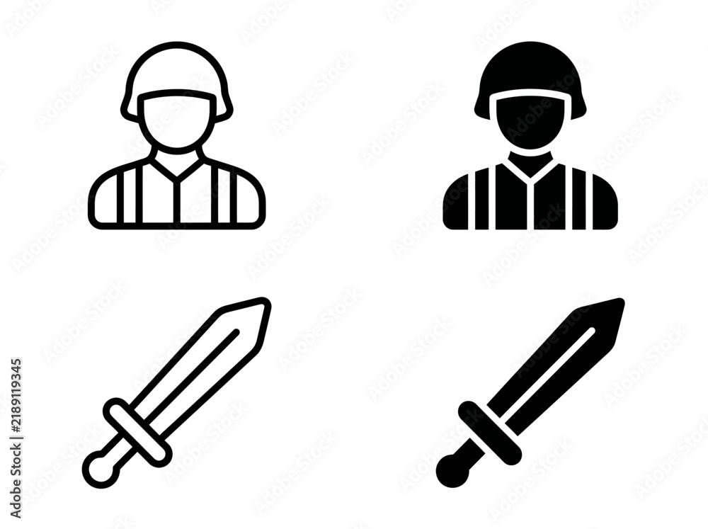 Fototapeta premium Soldier in armor and medieval sword icons for history and gaming