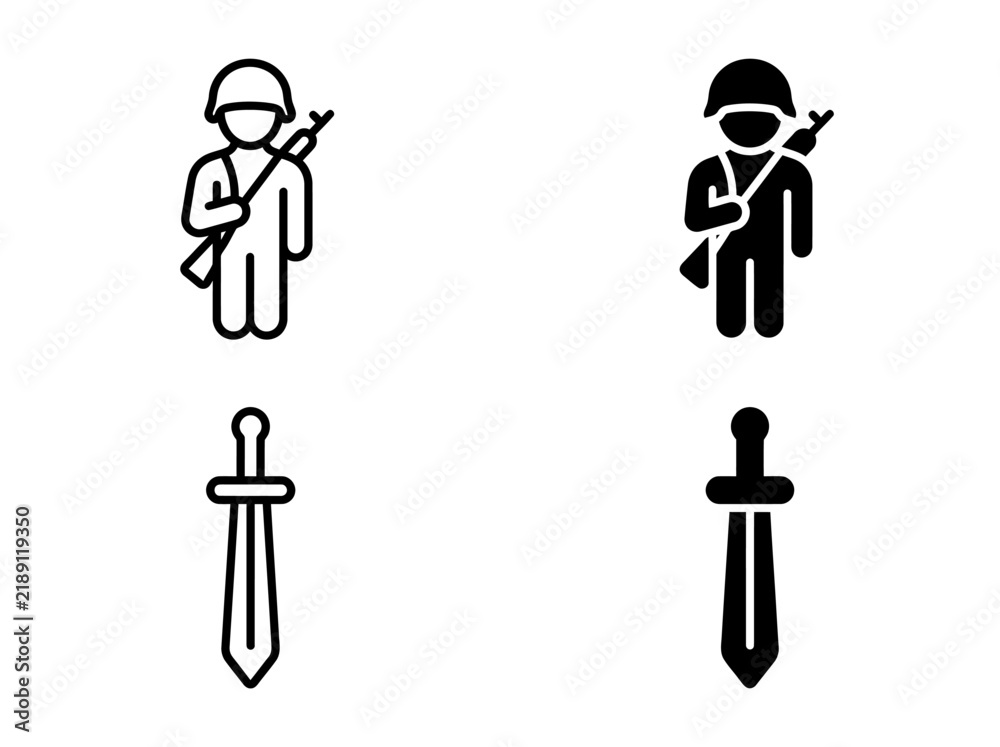 Obraz premium Armed soldier with rifle and classic sword icons for warfare concepts