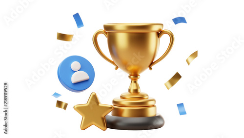 Golden trophy with star and user icon surrounded by confetti, isolated on transparent background
