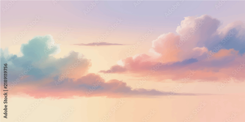 Fototapeta premium Dramatic Cloudscape with Sun Rays in Colorful Sunset Sky, Beautiful Nature Landscape with Orange Blue and Red Clouds at Dusk, Scenic Evening Light and Weather Background