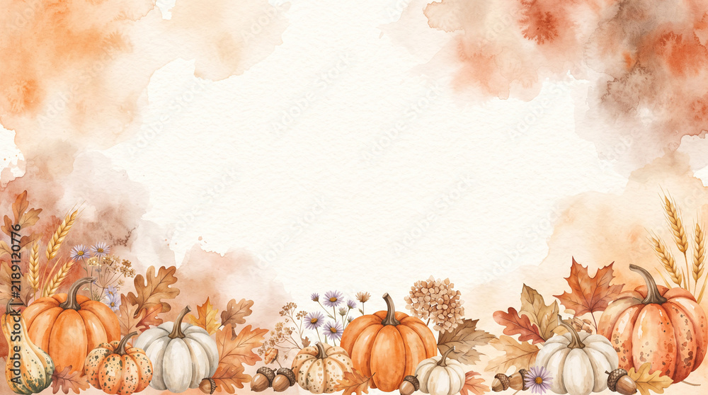 Naklejka premium Watercolor autumn harvest background with pumpkins, leaves, and wheat
