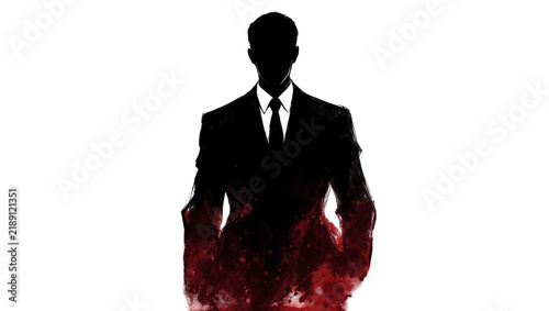 Silhouette of a man in a black suit with red watercolor splashes, isolated on transparent background