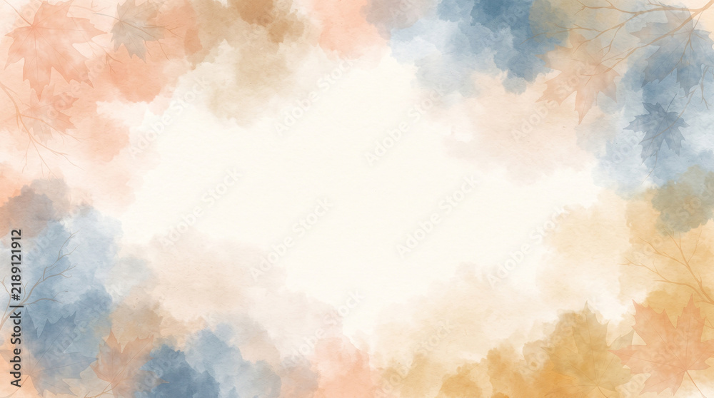 Obraz premium Watercolor autumn leaves frame background with soft blue and orange foliage texture and empty space for text