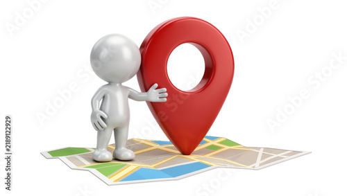 White 3D man standing on colorful map holding red location pin, isolated on transparent background