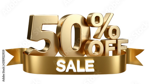 Golden 50% off sale text with white SALE text on a golden ribbon, isolated on transparent background
