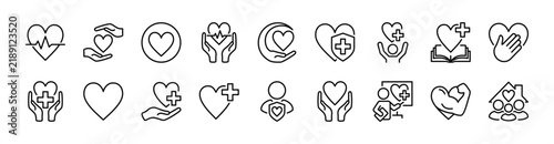 Health line icon set. Contains heart, love, heartbeat, support, helping hand, care, charity, donation, healthy family, protection, wellness, diagnosis, empathy, service, kindness. Vector illustration