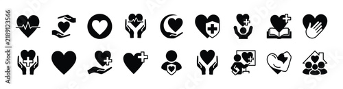 Health icon vector set. Contains love, heart, heartbeat, support, helping hand, care, charity, donation, empathy, healthy family, protection, wellness, diagnosis, service, kindness. Illustration