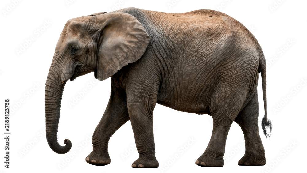 Obraz premium African elephant walking detailed skin texture, isolated on transparent background