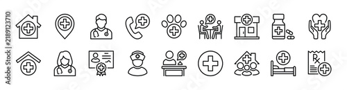 Clinic thin line icon set. Contain hospital, pharmacy, healthcare, map pin location, doctor, emergency call, medicine, veterinary, nurse, recipe, receptionist, health room, certificate, family. Vector