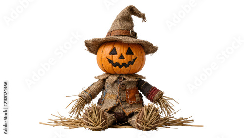 Cuadro en lienzo Halloween pumpkin scarecrow with burlap clothing and straw, isolated on transpar